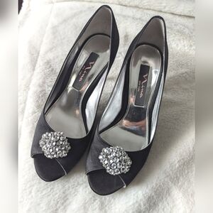 Nina Size 6.5 Black Satin Jeweled Peep Toe Pumps Heels
